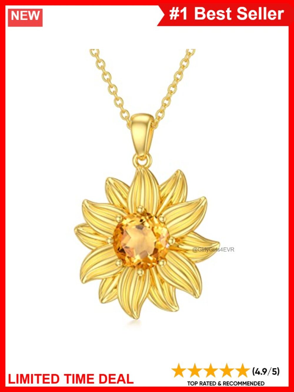 Sunflower Pendant Necklace Citrine Sterling Silver 18K Gold Plated Gift
